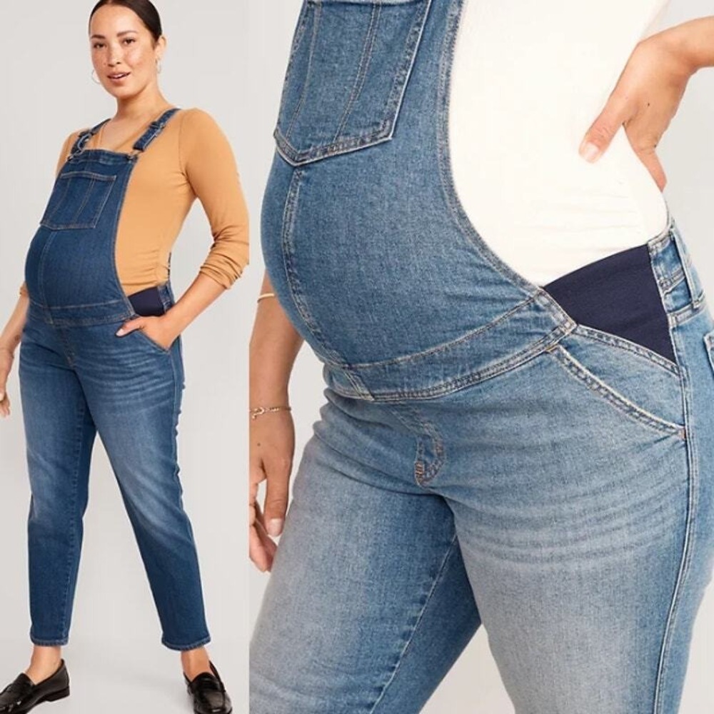 Old Navy Womens Maternity Medium Wash Side Panel Denim Jean Overalls Size 2